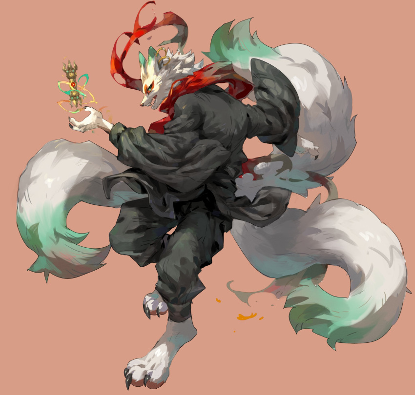 1boy animal_ears barefoot black_jacket black_nails black_pants blue_eyes body_fur claws colored_sclera digitigrade ear_piercing eyeshadow fewer_digits floating floating_object fox_boy fox_ears fox_tail from_side full_body furry furry_male highres jacket long_sleeves looking_at_viewer makeup male_focus multiple_tails open_mouth orange_eyeshadow orange_sclera original pants piercing pink_background profile red_scarf scarf sharp_teeth simple_background solo tail teeth torn_clothes torn_scarf white_fur xiaopizi32439