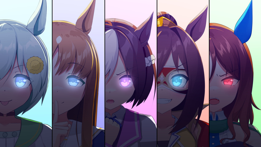 4girls 5girls animal_ears ao_komhur bare_shoulders blue_eyes blue_jacket brown_hair clenched_hand commentary_request domino_mask ear_covers el_condor_pasa_(umamusume) finger_to_mouth frilled_shirt frills glowing glowing_eyes golden_generation_(umamusume) gradient_background grass_wonder_(umamusume) grey_hair grin hair_between_eyes hair_ornament hairclip horse_ears horse_girl jacket king_halo_(umamusume) long_hair looking_at_viewer mask multicolored_hair multiple_girls open_mouth ponytail puffy_short_sleeves puffy_sleeves red_eyes red_jacket seiun_sky_(umamusume) shirt short_sleeves sleeveless sleeveless_shirt smile special_week_(umamusume) streaked_hair teeth tongue tongue_out umamusume upper_body upper_teeth_only violet_eyes white_hair white_shirt yellow_shirt