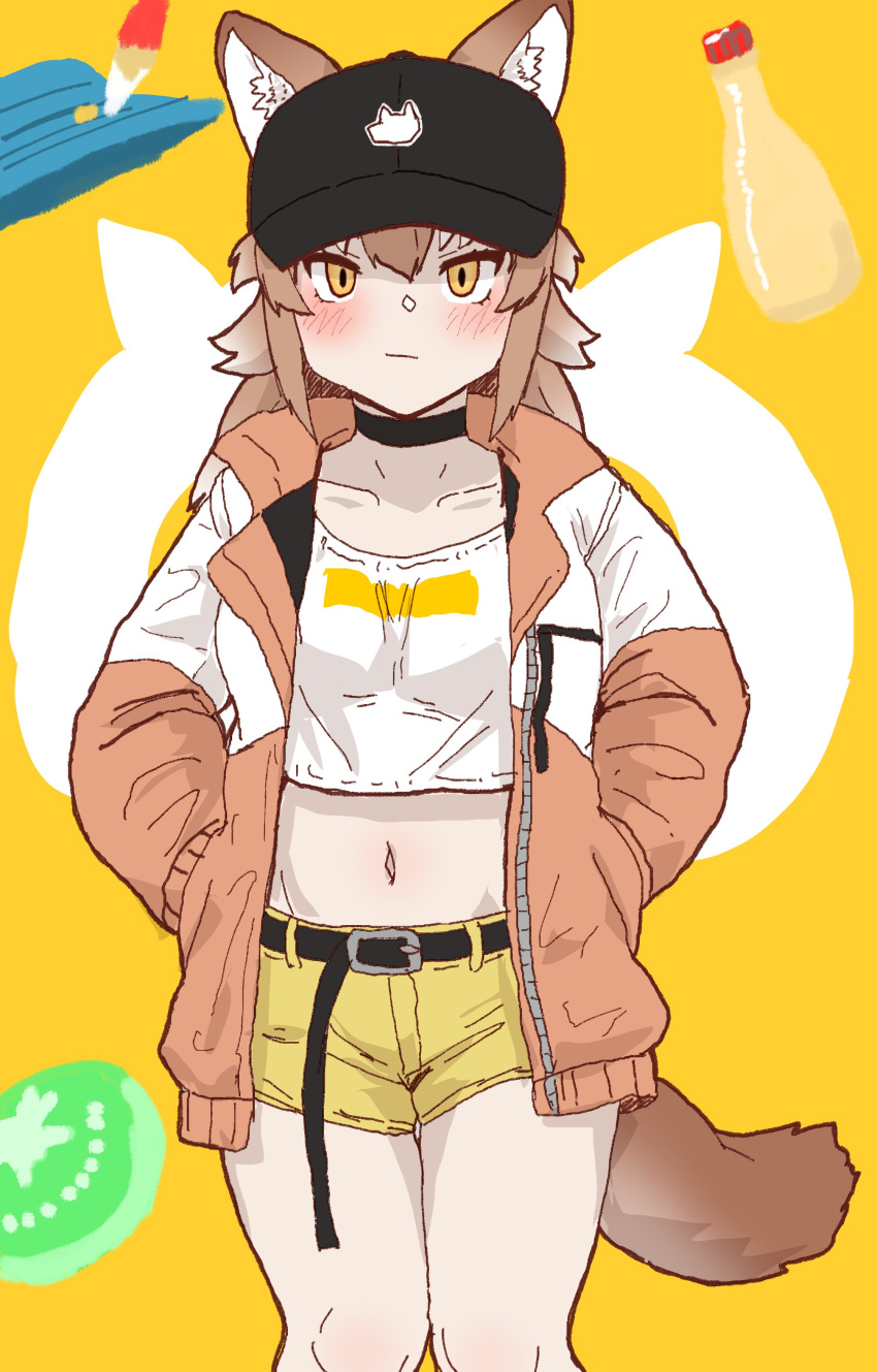 absurdres animal_ears baseball_cap black_choker black_headwear blush brown_jacket casual choker collared_shirt cowboy_shot crop_top ears_through_headwear hair_between_eyes hands_in_pockets hat highres jacket japanese_wolf_(kemono_friends) kemono_friends kemono_friends_3 kumasyan1998 light_brown_hair long_hair long_sleeves mayonnaise_bottle midriff multicolored_clothes multicolored_hair multicolored_jacket navel official_alternate_costume open_clothes open_jacket orange_eyes shirt short_shorts shorts sidelocks tail two-tone_jacket white_jacket white_shirt wolf_ears wolf_girl wolf_tail yellow_shorts
