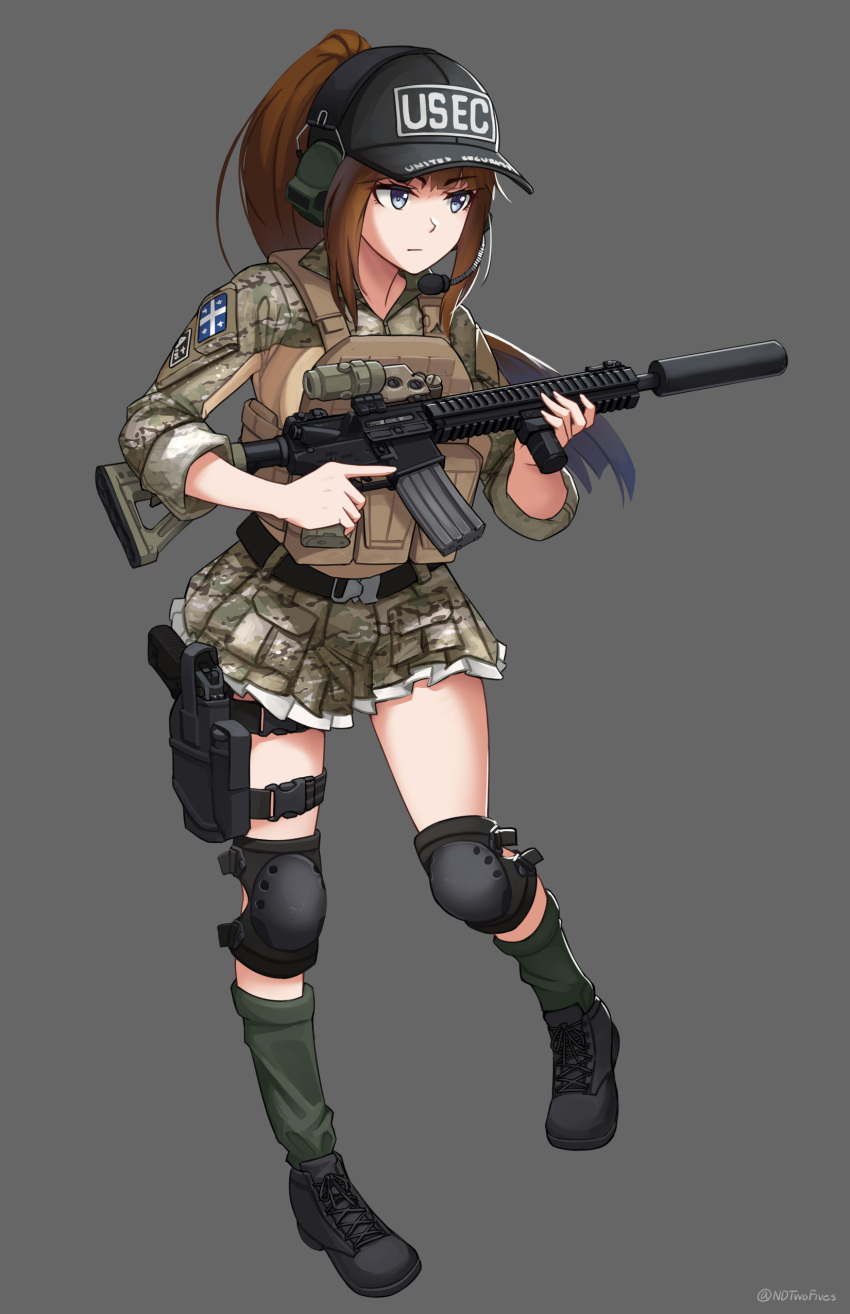 1girl absurdres baseball_cap black_footwear black_headwear brown_hair camouflage camouflage_shirt camouflage_skirt closed_mouth clothes_writing commentary commission ear_protection english_commentary full_body green_socks grey_background grey_eyes gun hat headset highres holding holding_gun holding_weapon knee_pads long_hair long_sleeves ndtwofives original pleated_skirt ponytail scope shirt shoes simple_background skirt socks solo standing standing_on_one_leg suppressor trigger_discipline twitter_username very_long_hair weapon weapon_request
