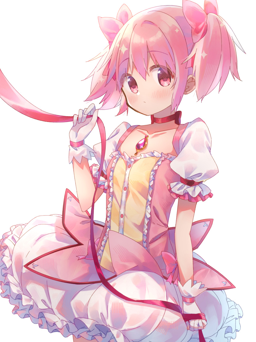 1girl absurdres bow bubble_skirt choker commentary_request frilled_skirt frills gloves hair_bow highres kaname_madoka looking_at_viewer mahou_shoujo_madoka_magica mahou_shoujo_madoka_magica_(anime) partial_commentary pink_bow pink_gemstone puffy_short_sleeves puffy_sleeves red_ribbon ribbon ribbon_choker ruru_(rurumagi) short_sleeves short_twintails simple_background skirt solo twintails white_background white_gloves