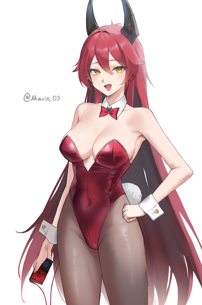 absurdres bare_shoulders bow earphones earphones goddess_of_victory:_nikke highres holding holding_phone horns long_hair maviss_03 nail_polish open_mouth phone playboy_bunny red_bow red_hood_(nikke) redhead simple_background smile twitter_username white_background