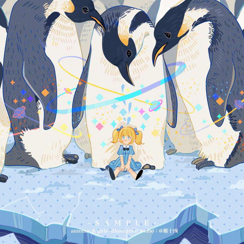 1girl bare_legs bird black_bow black_bowtie black_footwear blonde_hair blue_bow blue_dress blue_eyes blue_sleeves blunt_bangs blush_stickers bow bowtie closed_mouth collar collared_dress commentary dress english_text full_body hair_bow highres ice leaning_on_animal looking_at_another looking_up mini_person minigirl original penguin planet planetary_ring puffy_short_sleeves puffy_sleeves sample_watermark shoes short_dress short_sleeves smile striped striped_dress symbol-only_commentary traditional_bowtie twintails vertical-striped_dress vertical-striped_sleeves vertical_stripes water watermark weibo_username white_collar yeshisi