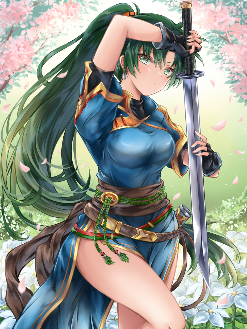 1girl black_gloves blue_dress breasts closed_mouth day dress earrings fingerless_gloves fire_emblem fire_emblem:_the_blazing_blade floating_hair flower gloves green_eyes green_hair highres holding holding_sword holding_weapon jewelry katana kei_(asufend) long_hair looking_at_viewer lyn_(fire_emblem) medium_breasts outdoors petals pink_petals ponytail short_sleeves side_slit smile solo standing sword very_long_hair weapon white_flower