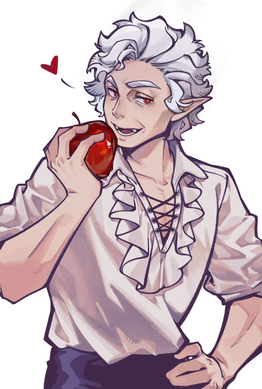 1boy absurdres apple astarion baldur's_gate baldur's_gate_3 bite_mark black_pants bright_pupils collarbone cowboy_shot dungeons_and_dragons elf fangs food frilled_shirt frills from_side fruit grey_hair hand_on_own_hip hand_up heart highres holding holding_food holding_fruit looking_at_viewer male_focus nolenb97 open_mouth pants pointy_ears red_eyes shirt short_hair simple_background smirk solo vampire white_background white_pupils white_shirt