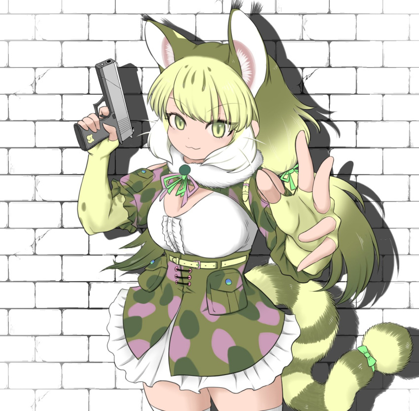1girl animal_ears bare_shoulders belt bokoboko_(pandagapanda1) camouflage cat_ears cat_girl cat_tail elbow_gloves extra_ears fingerless_gloves gloves grey_eyes grey_hair gun highres jacket jungle_cat_(kemono_friends) kemono_friends kemono_friends_v_project long_hair looking_at_viewer microphone ribbon shirt simple_background skirt solo tail twintails virtual_youtuber weapon