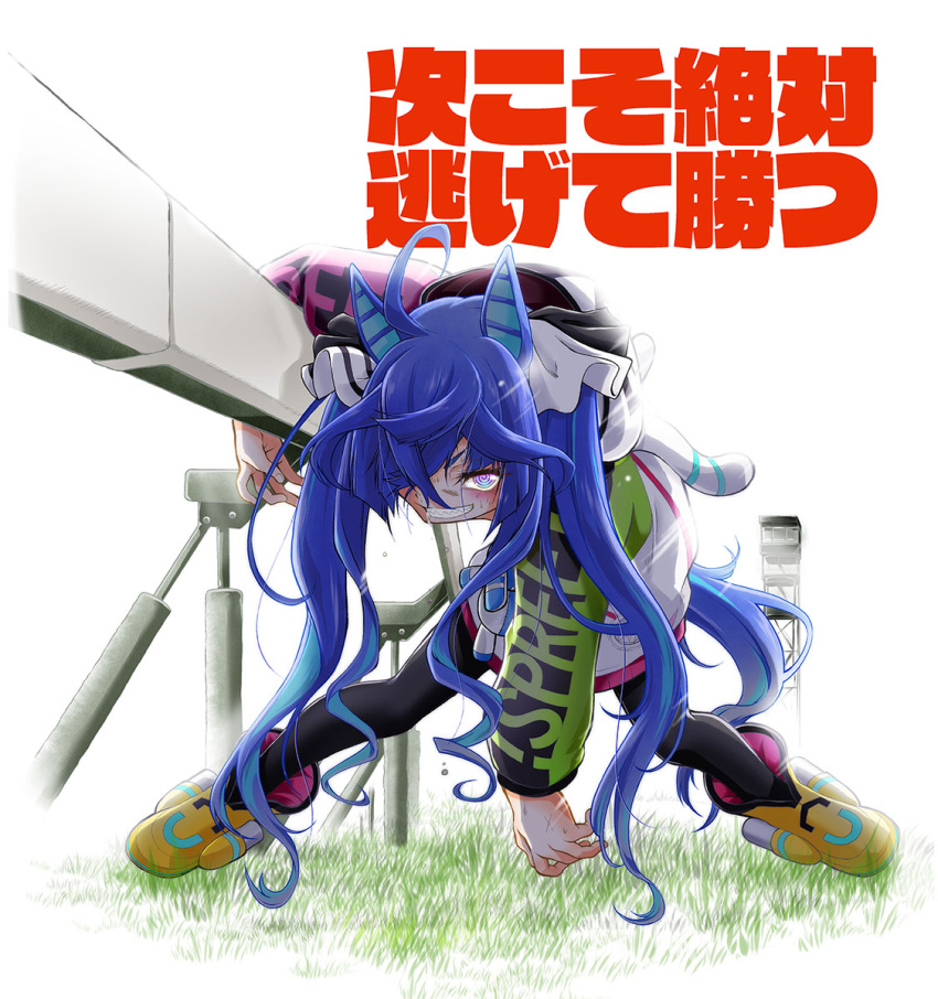 1girl @_@ against_railing ahoge animal_ears animal_hood arm_support arm_up black_leggings blue_eyes blue_hair blush boots bow commentary_request crossed_bangs exhausted full_body grass grin hair_bow hair_over_one_eye highres hood hoodie horse_ears horse_girl horse_racing_track horse_tail kita_kazuki leaning_forward leggings legs_apart long_hair long_sleeves looking_at_viewer multicolored_clothes multicolored_hoodie rabbit_hood railing sharp_teeth sidelocks smile solo striped striped_bow stuffed_animal stuffed_rabbit stuffed_toy sweat tail teeth translation_request twin_turbo_(umamusume) twintails umamusume yellow_footwear