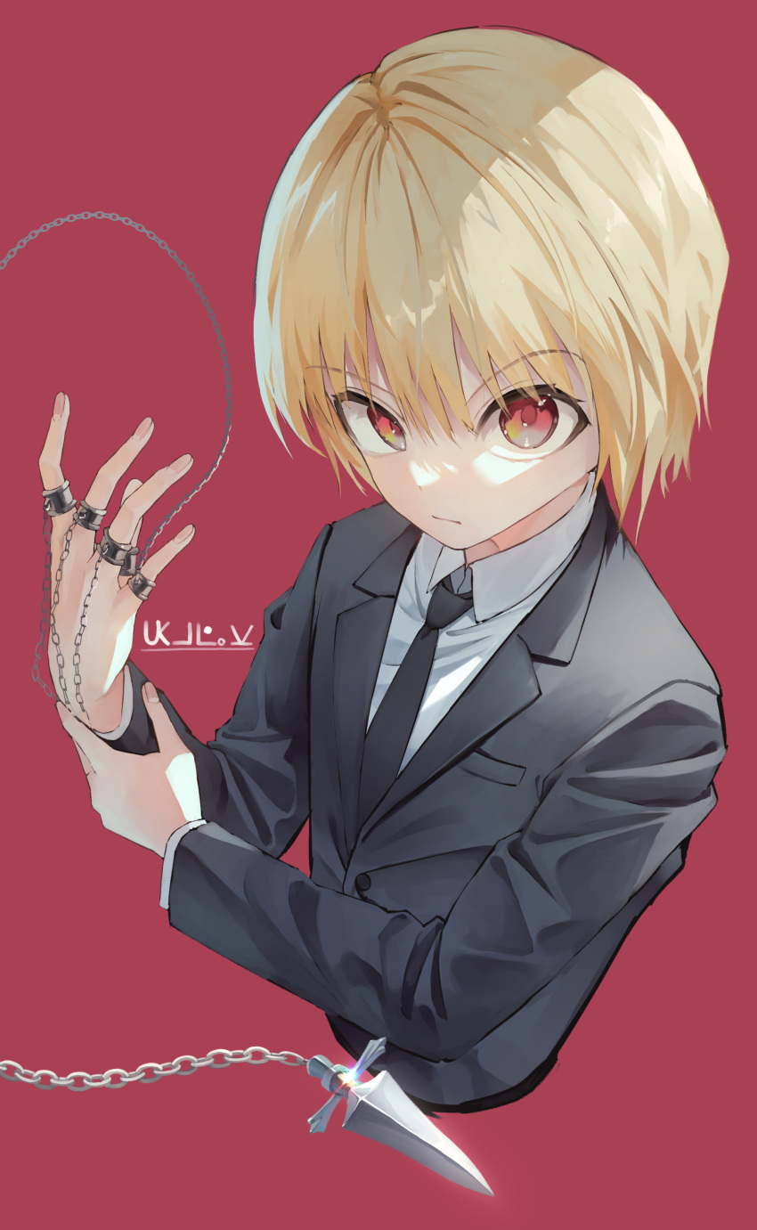 1boy absurdres androgynous black_jacket black_necktie black_suit blonde_hair closed_mouth collared_shirt cropped_torso expressionless formal hand_on_own_wrist hands_up highres hunter_x_hunter jacket jewelry kunai kurapika long_sleeves looking_at_viewer male_focus multiple_rings necktie red_background red_eyes ring shirt short_hair shun'ya_(daisharin36) simple_background solo suit upper_body weapon white_shirt