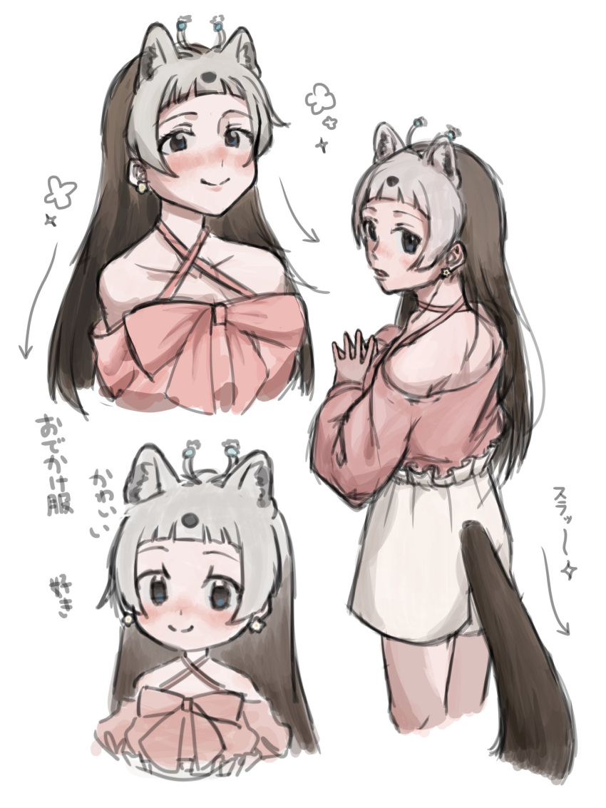 1girl animal_ears bare_shoulders blouse blunt_bangs blush brown_hair casual earrings extra_ears frilled_shorts frills grey_hair high-waist_shorts highres jewelry kemono_friends kemono_friends_3 long_hair looking_at_viewer multicolored_hair multiple_views official_alternate_costume pink_shirt saba_ru sable_(kemono_friends) shirt shorts sidelocks smile smug spaghetti_strap tail translation_request two-tone_hair white_shorts