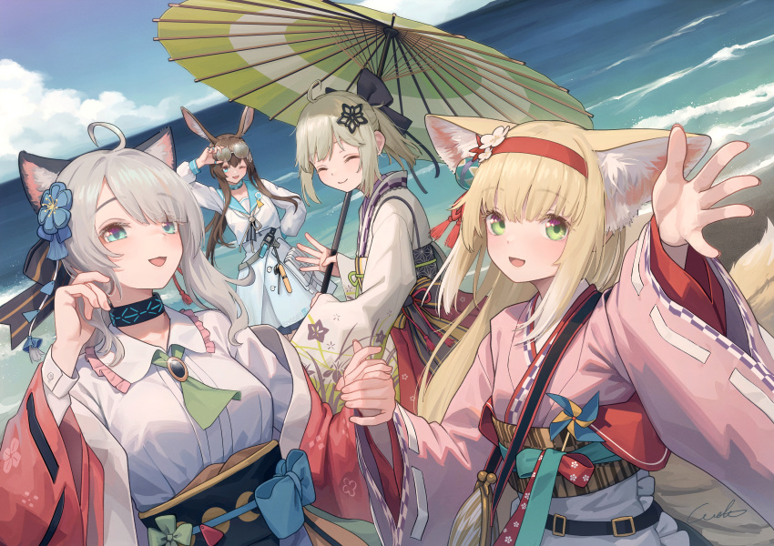 4girls absurdres ahoge amiya_(arknights) animal_ear_fluff animal_ears arknights black_collar blue_eyes blue_sky cat_ears cat_girl chinese_commentary closed_eyes clouds collar commentary_request day dutch_angle eyewear_on_head flower fox_ears fox_girl fox_tail green_eyes green_umbrella hair_flower hair_ornament hairband highres holding_hands infection_monitor_(arknights) japanese_clothes kimono kitsune kyuubi long_hair long_sleeves mint_(arknights) mint_(tsukiyoi)_(arknights) multiple_girls multiple_tails obi ocean official_alternate_costume oil-paper_umbrella one_eye_closed open_mouth outdoors pink_kimono pinwheel puffy_long_sleeves puffy_sleeves rabbit_ears rabbit_girl reaching reaching_towards_viewer red_hairband sash scene_(arknights) scene_(betsushi)_(arknights) shirt sidelocks sky suzuran_(arknights) suzuran_(yukibare)_(arknights) tail umbrella welt_(kinsei_koutenkyoku) white_shirt