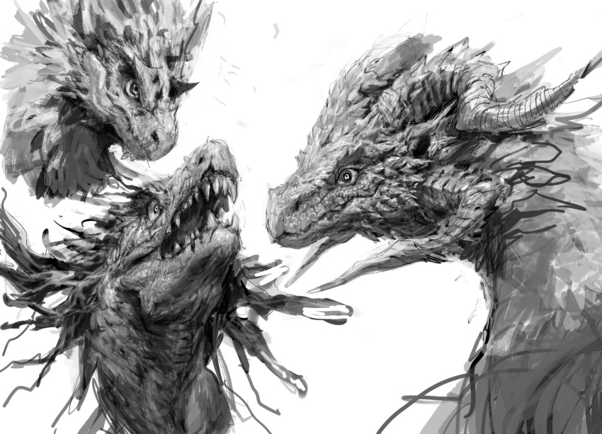 animal_focus constricted_pupils curled_horns dragon from_side greyscale highres horns monochrome monster multiple_horns multiple_views no_humans open_mouth original portrait realistic scales sharp_teeth simple_background sketch teeth white_background xiaopizi32439