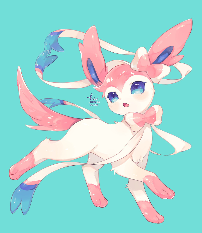 :o animal_focus blue_background blue_eyes bow commentary_request full_body hideko_(l33l3b) highres leg_up no_humans open_mouth pokemon pokemon_(creature) ribbon signature simple_background solo standing sylveon twitter_username walking