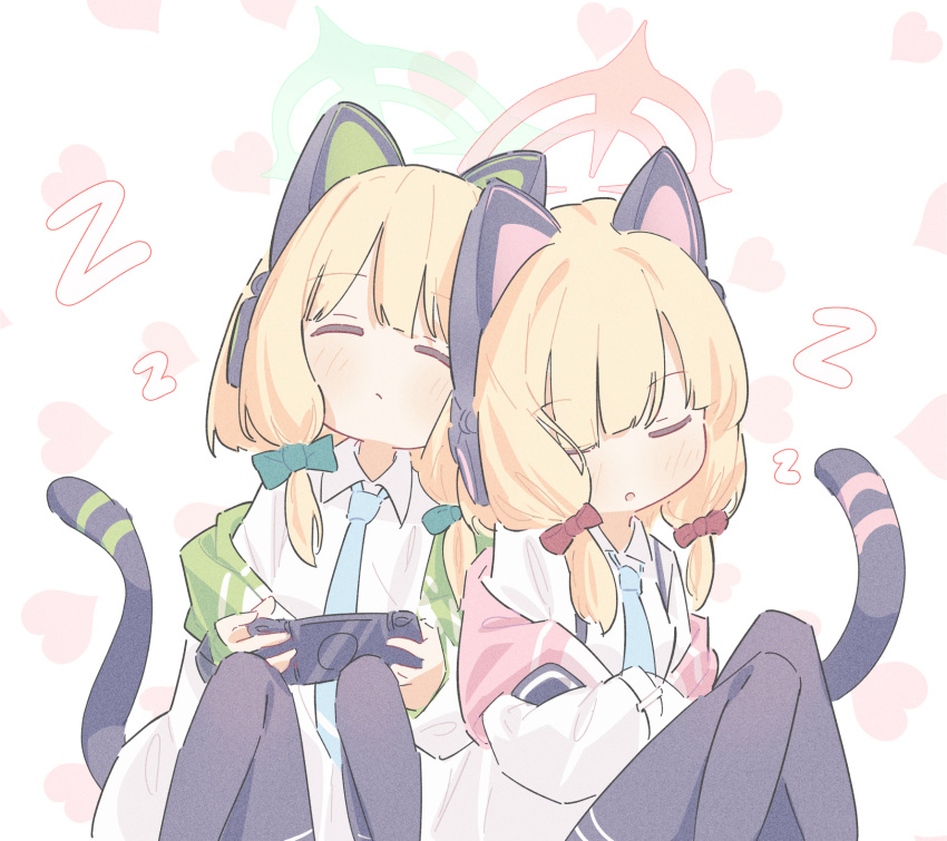 2girls animal_ear_headphones animal_ears black_thighhighs blue_archive blue_shirt bow cat_tail collared_shirt fake_animal_ears green_bow green_halo hair_bow halo handheld_game_console headphones highres holding holding_handheld_game_console long_sleeves midori_(blue_archive) momoi_(blue_archive) multiple_girls pink_halo rizuaki shirt short_hair siblings sisters sleeping tail thigh-highs twins white_shirt zzz