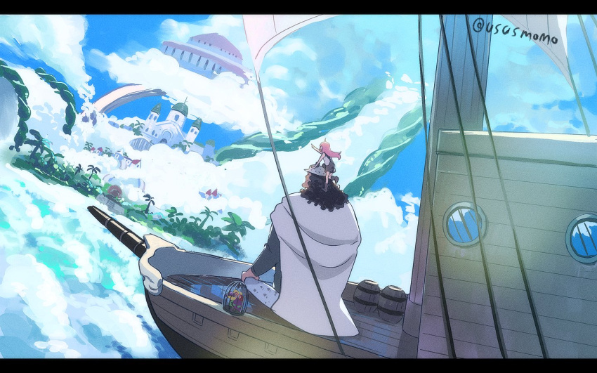 1boy 1girl bartholomew_kuma bird birdcage black_hair cage cape child clouds fog from_behind island jewelry_bonney long_hair ocean on_head one_piece outdoors palace palm_tree person_on_head pink_hair pointing ship sitting tree twitter_username ususmomo watercraft white_cape white_headwear