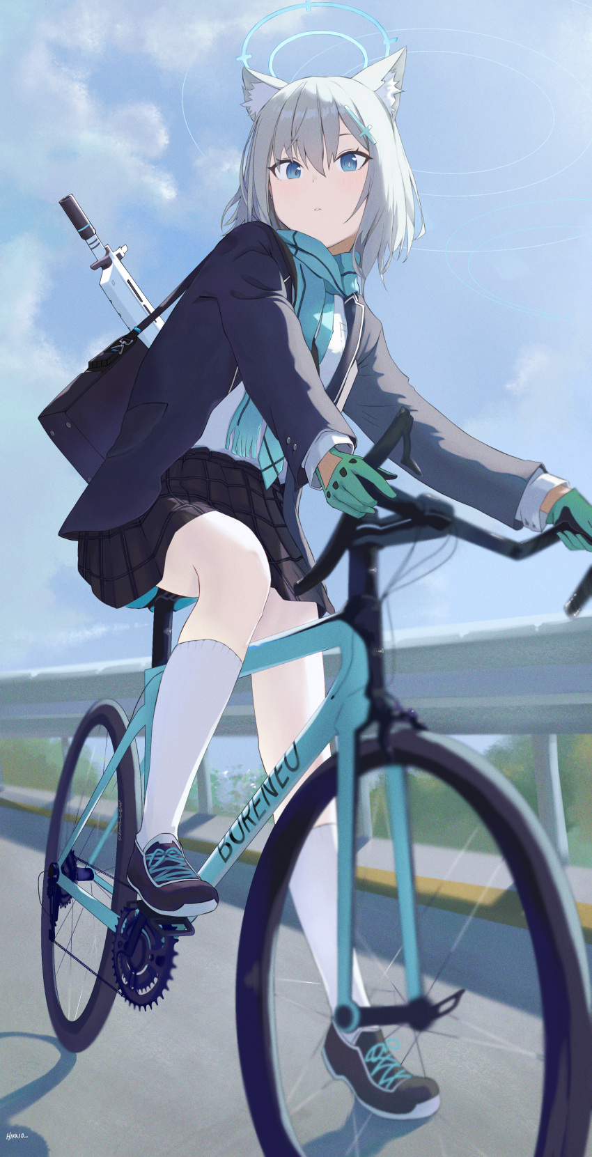 1girl absurdres animal_ear_fluff animal_ears bicycle black_footwear black_skirt blue_archive blue_bag blue_eyes blue_halo blue_jacket blue_scarf blue_sky clouds cloudy_sky commentary gloves green_gloves grey_hair gun halo highres hikkio jacket kneehighs long_sleeves looking_at_viewer looking_down medium_hair open_clothes open_jacket outdoors parted_lips pleated_skirt scarf school_uniform shiroko_(blue_archive) shirt shoes sitting skirt sky socks solo weapon white_shirt white_socks wolf_ears