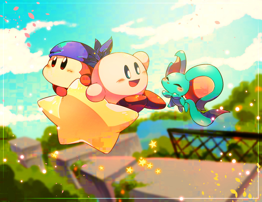 ^_^ arm_up bandana bandana_waddle_dee blue_bandana blue_eyes blue_sky blush_stickers brown_eyes cityscape closed_eyes clouds colored_skin day elfilin fence flying forest kirby kirby_(series) kirby_and_the_forgotten_land lake large_ears looking_ahead looking_at_another moss nature no_humans no_mouth open_mouth orange_skin outdoors pink_skin reaching red_footwear shirushiki shoes sky smile star_(symbol) warp_star