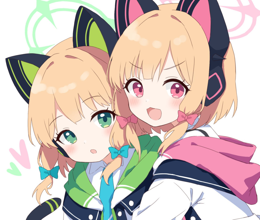2girls blonde_hair blue_archive blue_bow blue_necktie blush bow cat_tail collared_shirt green_eyes hair_bow heart highres jacket looking_at_viewer midori_(blue_archive) momoi_(blue_archive) multiple_girls necktie open_mouth red_bow red_eyes shirt short_hair siblings simple_background sisters smile symbol-shaped_pupils tail white_background white_jacket white_shirt yukisiannn
