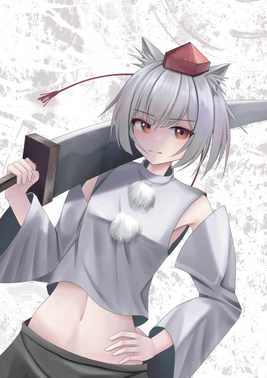 1girl animal_ears black_hakama closed_mouth detached_sleeves hakama hand_on_own_hip hat highres holding holding_sword holding_weapon inubashiri_momiji japanese_clothes looking_at_viewer midriff navel red_eyes shirt short_hair smile solo stomach sword tail tofuandsoup tokin_hat touhou weapon white_hair white_shirt white_sleeves wolf_ears wolf_girl