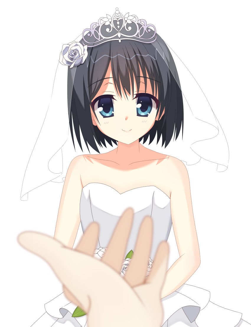 1girl 1other absurdres bare_arms bare_shoulders black_hair blue_eyes blurry bouquet bridal_veil closed_mouth collarbone commentary cowboy_shot depth_of_field dracu-riot! dress flower hair_between_eyes hair_flower hair_ornament happy highres holding holding_bouquet kaon_zz light_blush lips looking_at_viewer mera_azusa pov pov_hands reaching rose short_hair simple_background smile solo_focus standing straight-on straight_hair strapless strapless_dress tiara veil wedding wedding_dress white_background white_dress white_flower white_rose