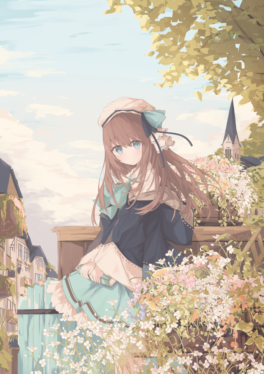 1girl beret black_jacket blue_bow blue_eyes blue_skirt blue_sky blush book bow brown_hair building closed_mouth clouds commentary_request day fence flower frilled_skirt frills hair_between_eyes hat highres holding holding_book hood hood_down hooded_jacket jacket kushida_you long_hair long_sleeves looking_at_viewer original outdoors shirt skirt sky sleeves_past_wrists solo tower very_long_hair white_flower white_headwear white_shirt wide_sleeves window