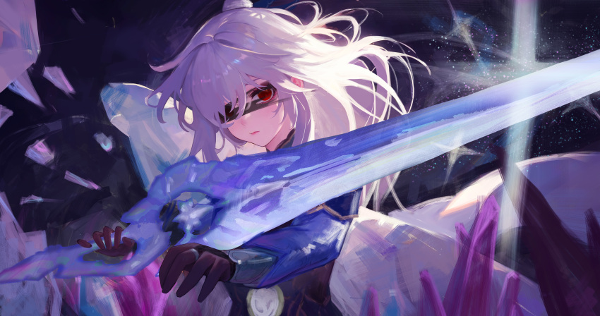 1girl absurdres bare_shoulders black_blindfold black_gloves blindfold blue_sleeves c1718259 closed_mouth crystal_sword detached_sleeves gloves hair_between_eyes high_ponytail highres holding holding_sword holding_weapon honkai:_star_rail honkai_(series) ice_shard jingliu_(honkai:_star_rail) long_hair looking_at_viewer one_eye_covered solo sword weapon white_hair