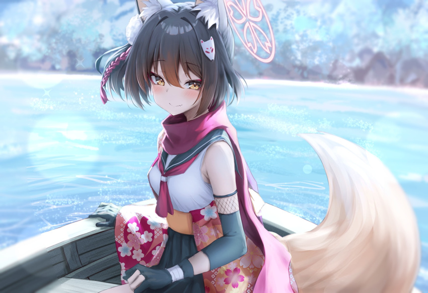 1girl animal_ear_fluff animal_ears black_gloves black_hair black_sailor_collar black_skirt blue_archive blush boat breasts closed_mouth day eyeshadow fang fox_ears fox_tail gloves hair_between_eyes halo highres inre_kemomimi izuna_(blue_archive) looking_at_viewer makeup neckerchief outdoors partially_fingerless_gloves pink_halo pleated_skirt red_eyeshadow red_neckerchief red_scarf river sailor_collar scarf short_hair skin_fang skirt small_breasts smile solo tail water watercraft yellow_eyes