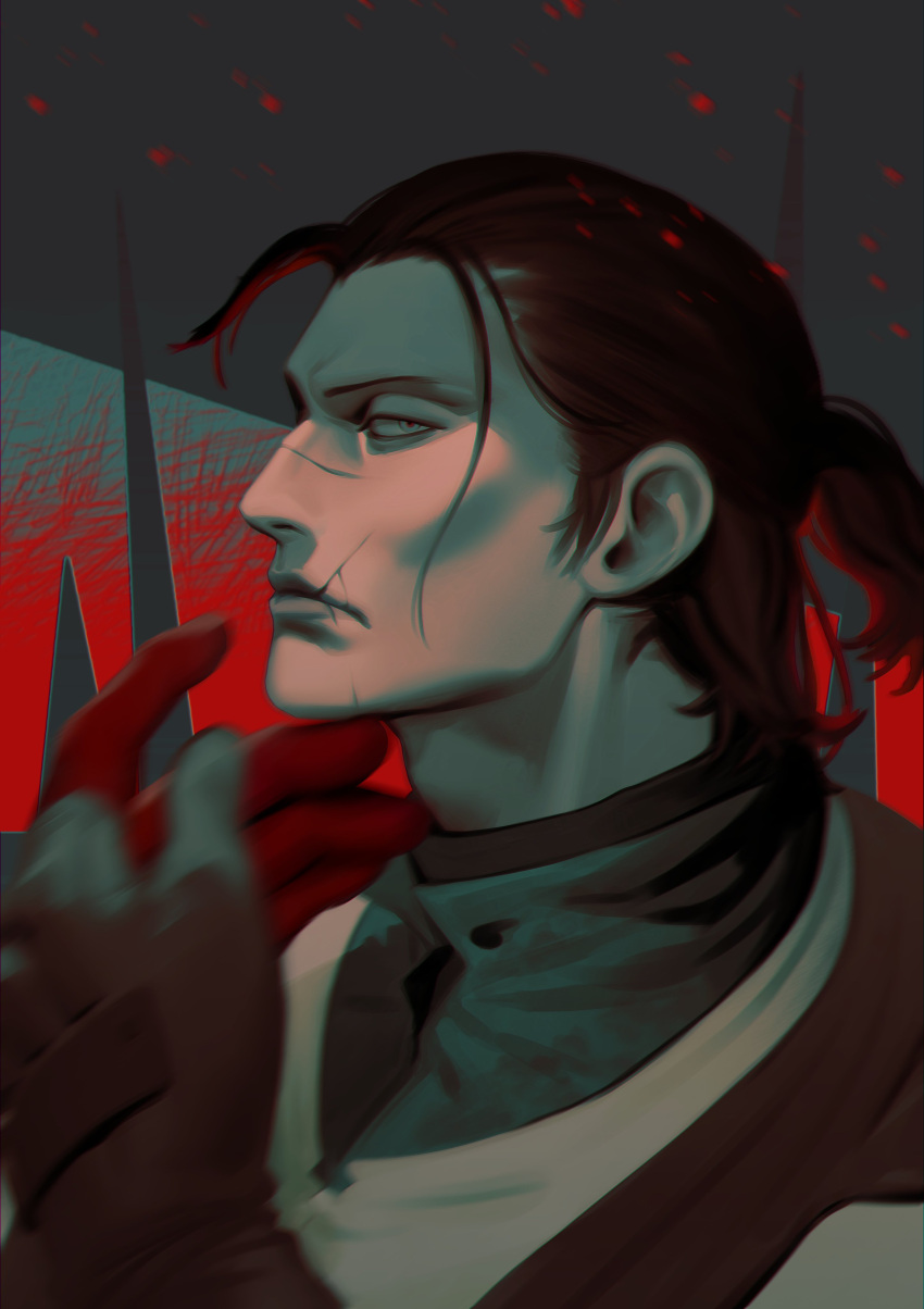 1boy 9gu_84 abstract_background absurdres black_hair closed_mouth collared_shirt highres long_hair looking_at_viewer loose_hair_strand male_focus mature_male ponytail portrait scar scar_on_chin scar_on_face scar_on_mouth scar_on_nose sergei_dragunov shirt solo tekken two-tone_gloves