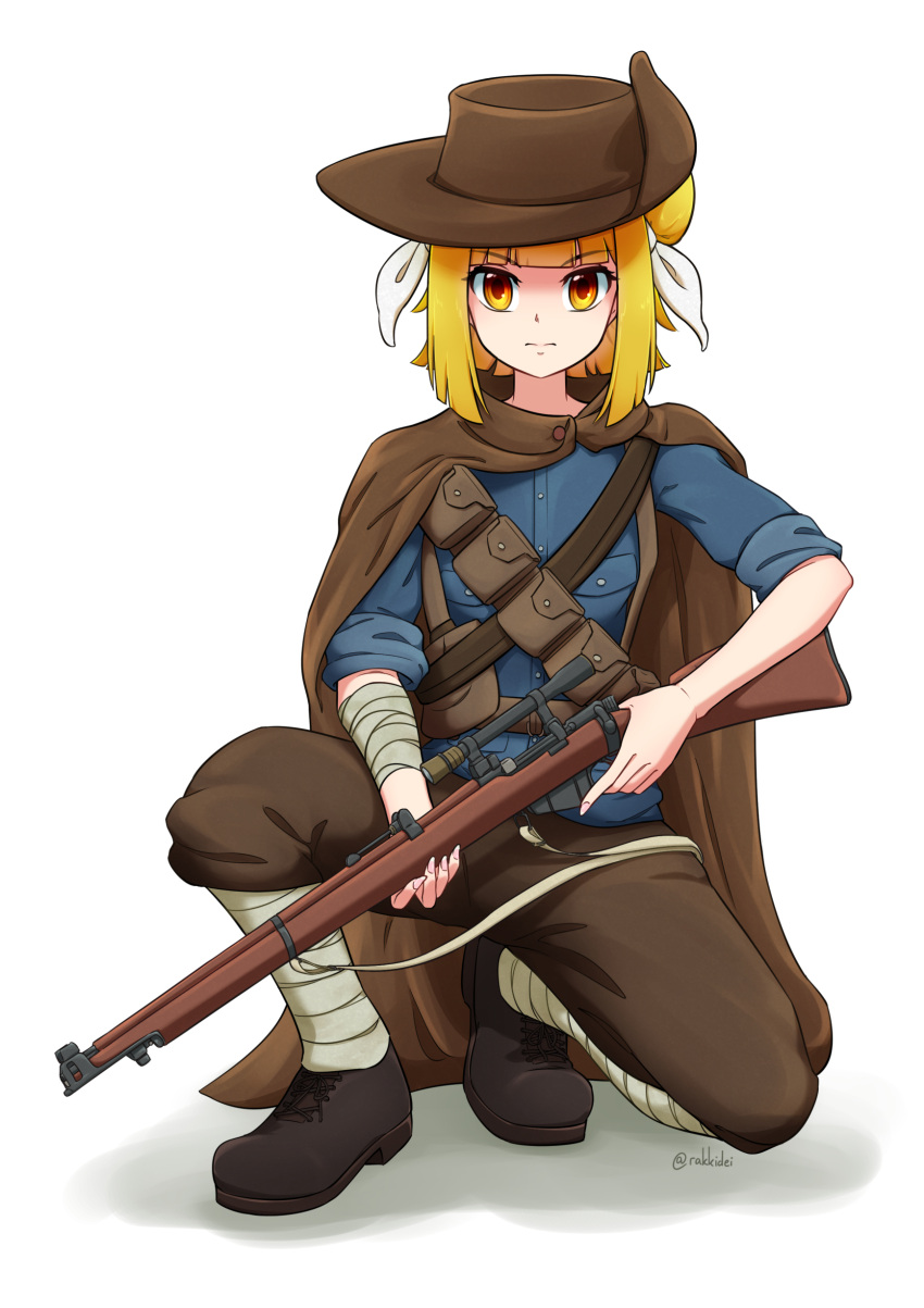 1girl absurdres battlefield_(series) battlefield_1 blonde_hair blue_shirt bolt_action brown_cape brown_headwear brown_pants cape commission cosplay frederick_bishop frederick_bishop_(cosplay) gun highres joutouguu_mayumi lee-enfield looking_at_viewer military_uniform pants rakkidei rifle scope serious shirt solo squatting touhou uniform weapon yellow_eyes