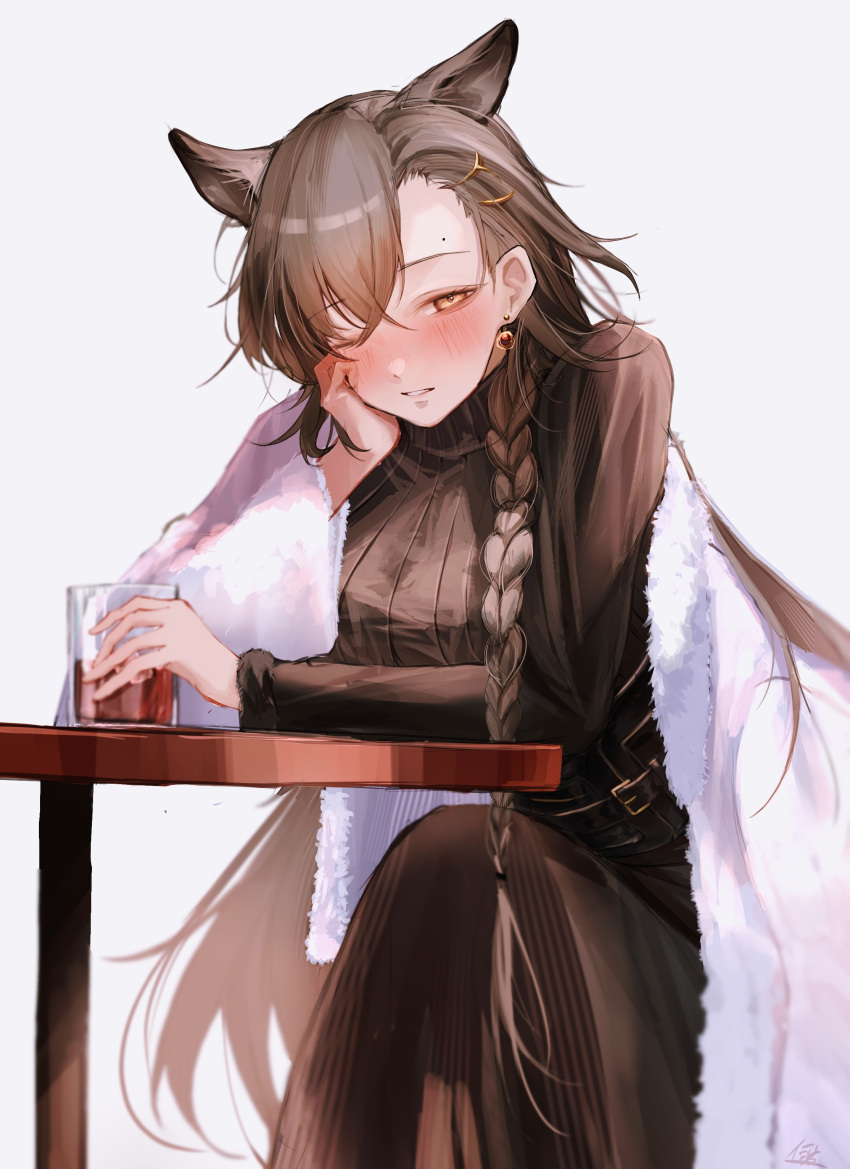 1girl absurdres alcohol animal_ears arknights arm_rest artist_name bell belt belt_buckle blurry blurry_background blush braid breasts brown_belt brown_corset brown_hair brown_skirt brown_sweater buckle colored_inner_hair commentary corset crossed_bangs crossed_legs cup depth_of_field donata_(donatasama) drink drinking_glass drunk earrings extra_ears eyelashes feet_out_of_frame from_side fur-trimmed_jacket fur-trimmed_sleeves fur-trimmed_sweater fur_trim glass grey_background grin hair_between_eyes hair_flowing_over hair_ornament hair_over_one_eye hair_tie hairclip half-closed_eye hand_on_own_cheek hand_on_own_face hand_up hatching_(texture) head_rest high_collar highres holding holding_cup holding_drink ice ice_cube jacket jewelry jingle_bell jingle_bell_earrings large_breasts leaning leaning_forward leaning_on_object light_brown_hair linear_hatching lips long_hair long_skirt long_sleeves looking_at_viewer low-tied_long_hair low_ponytail low_side_ponytail mature_female mole mole_above_eye multicolored_hair official_alternate_costume one_eye_closed open_clothes open_jacket parted_bangs parted_lips penance_(arknights) penance_(occasionally_flushed)_(arknights) ponytail red_wine ribbed_sweater round_table shadow side_ponytail signature simple_background single_braid single_earring single_off_shoulder sitting skirt smile solo straight_hair striped sweater symbol-only_commentary table teeth turtleneck turtleneck_sweater two-tone_hair underbust vertical-striped_sweater vertical_stripes very_long_hair white_jacket wine wolf_ears wolf_girl yellow_eyes