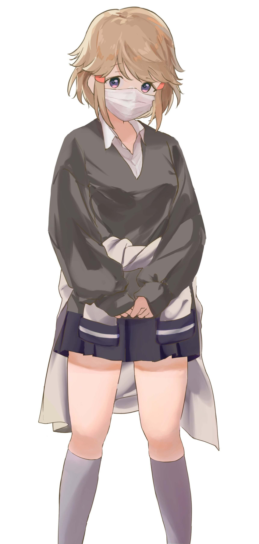 1girl absurdres black_skirt breasts clothes_around_waist collared_shirt feet_out_of_frame grey_shirt grey_socks highres jacket jacket_around_waist kneehighs kobato_ryouko light_brown_hair long_sleeves looking_at_viewer mask medium_breasts midori_usagi miniskirt mouth_mask own_hands_together pleated_skirt school_uniform shirt short_hair shoujo_kageki_revue_starlight shoujo_kageki_revue_starlight_-re_live- simple_background skirt sleeves_past_wrists socks solo standing surgical_mask v_arms violet_eyes white_background white_jacket white_shirt
