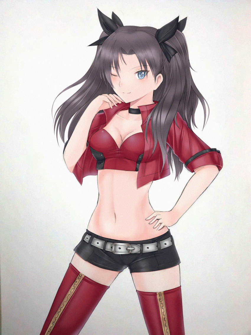 1girl absurdres black_hair blue_eyes boots breasts choker cleavage_cutout clothing_cutout crop_top cropped_jacket fate/stay_night fate_(series) hand_on_own_hip highres looking_at_viewer navel notejhay one_eye_closed shorts simple_background small_breasts smile solo thigh_boots tohsaka_rin twintails white_background