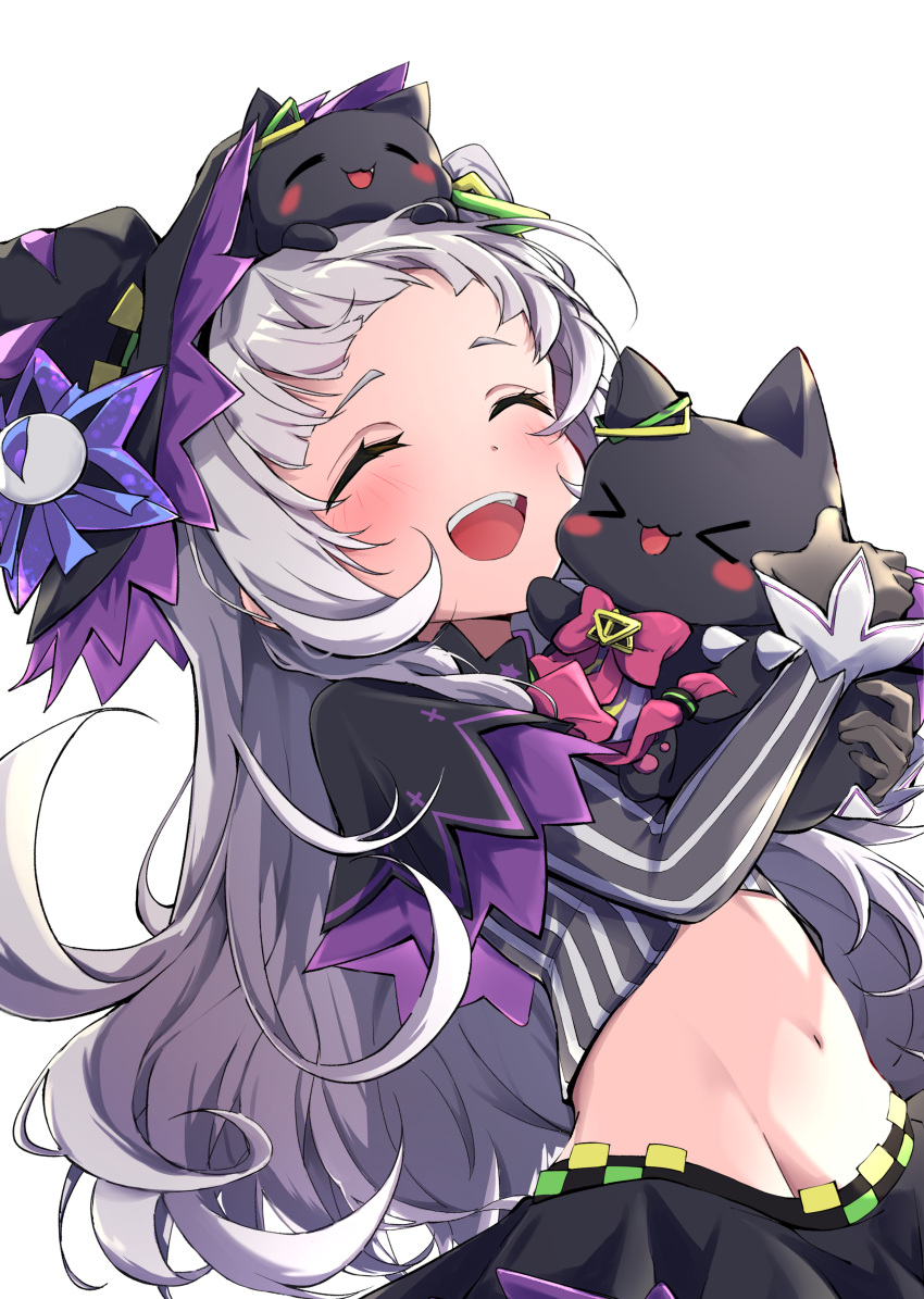 1girl absurdres animal_hug animal_on_head black_skirt blush capelet cat cat_on_head closed_eyes commentary cropped_shirt fumi_(fumibeing) grey_hair grey_shirt hair_bun hat highres hololive long_hair long_sleeves murasaki_shion murasaki_shion_(1st_costume) navel on_head open_mouth purple_capelet purple_headwear shiokko_(murasaki_shion) shirt short_eyebrows single_hair_bun skirt striped striped_shirt symbol-only_commentary teeth upper_teeth_only vertical-striped_shirt vertical_stripes virtual_youtuber witch_hat