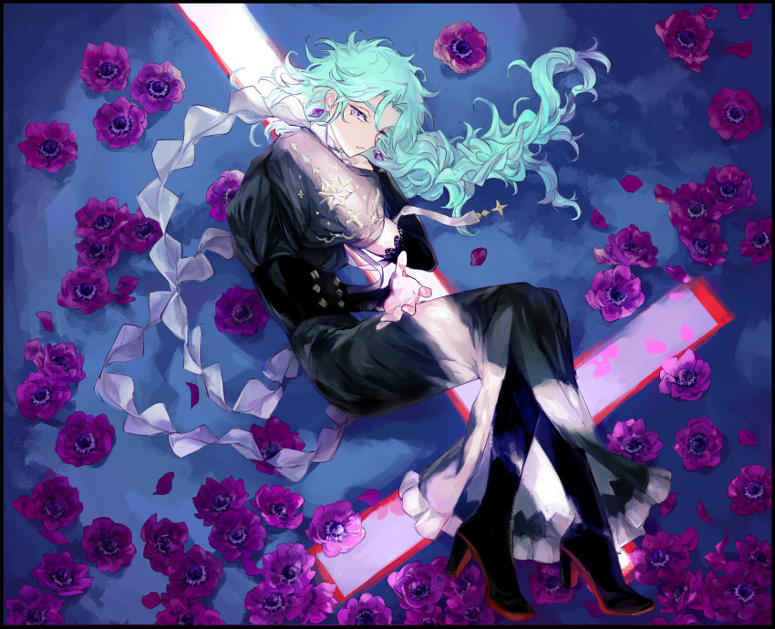1other androgynous anemone_(flower) aqua_hair black_dress boots bridal_gauntlets cross dress emblem flower high_heel_boots high_heels highres jaemin107 lace_trim latin_cross light_rays long_hair looking_at_viewer lying on_side original parted_lips petals puffy_short_sleeves puffy_sleeves scarf short_sleeves side_slit solo violet_eyes wavy_hair