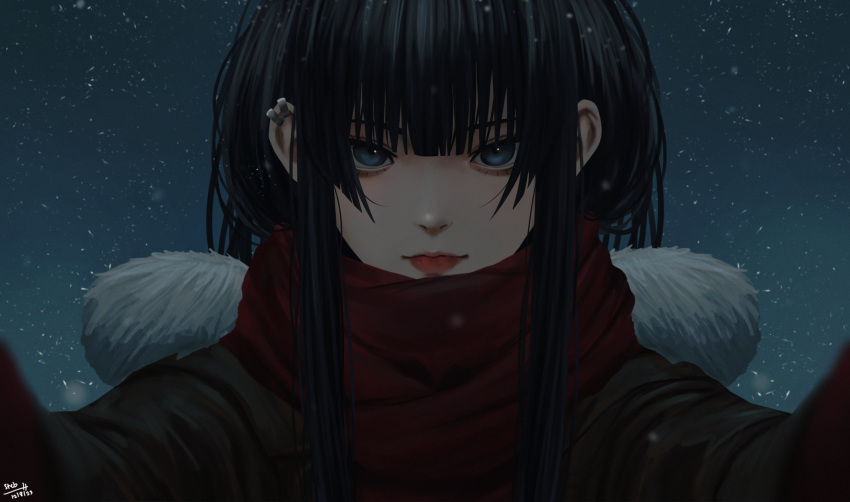 1girl black_hair blue_eyes brown_coat closed_mouth coat earclip fur-trimmed_coat fur_trim highres hololive hololive_english long_hair looking_at_viewer meme mittens ouro_kronii outdoors pov_cheek_warming_(meme) reaching reaching_towards_viewer red_mittens red_scarf scarf snowing solo steb virtual_youtuber winter_clothes winter_coat