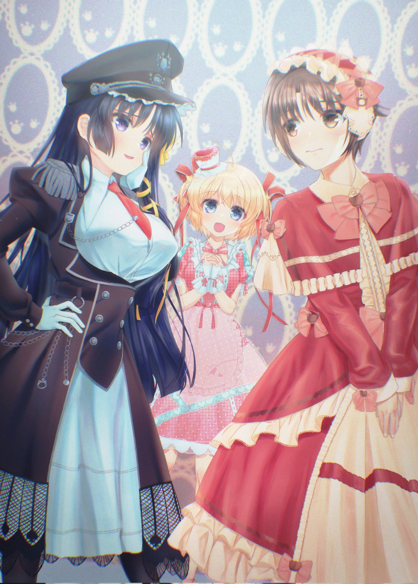 1boy 2girls 3: :d ahoge alternate_costume black_dress black_hair black_headwear blue_eyes blunt_ends blush bow breasts brown_eyes brown_hair capelet closed_mouth collared_shirt commentary dress eye_contact feet_out_of_frame formal frilled_capelet frilled_dress frilled_headwear frills frown hair_between_eyes hair_bow hair_ornament hair_ribbon hairband hand_on_own_hip happy hat head_tilt heart heart_print highres interlocked_fingers juliet_sleeves kamikita_komari kurugaya_yuiko large_breasts little_busters! long_dress long_hair long_sleeves looking_at_another looking_at_viewer military_hat military_uniform mini_hat mini_top_hat multiple_girls naoe_riki natsuoto_rito necktie open_mouth otoko_no_ko own_hands_together peaked_cap pink_bow pink_dress polka_dot polka_dot_dress puffy_short_sleeves puffy_sleeves red_capelet red_dress red_hairband red_headwear red_necktie red_ribbon ribbon shirt short_hair short_sleeves shy sleeves_past_wrists smile standing star_(symbol) star_hair_ornament straight_hair top_hat two_side_up uniform very_long_hair violet_eyes white_shirt yellow_ribbon