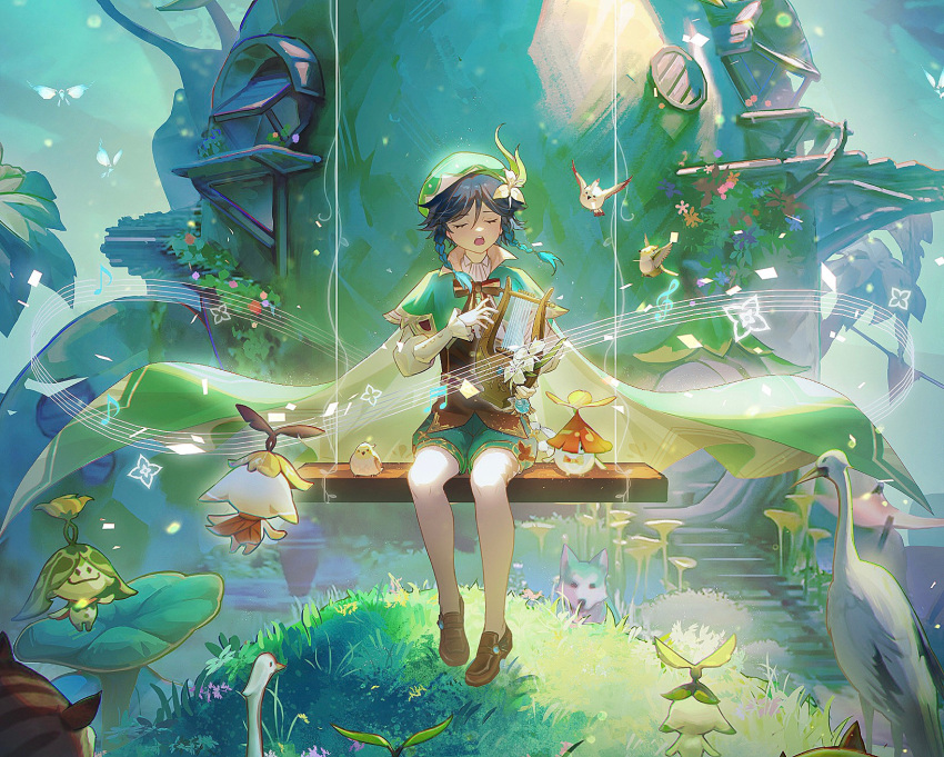 1boy androgynous aranara_(genshin_impact) beret bird black_hair blue_hair bow bowtie braid brown_footwear cape closed_eyes collared_cape corset crane_(animal) creature crystalfly_(genshin_impact) day dog facing_viewer floating flower full_body genshin_impact gradient_hair grass green_cape green_headwear green_shorts hair_flower hair_ornament hat highres holding holding_instrument instrument loafers long_sleeves lyre male_focus medium_hair multicolored_hair music musical_note open_mouth outdoors pantyhose playing_instrument red_bow red_bowtie san_wu_mao_liang shirt shoes shorts singing sitting solo staff_(music) striped striped_bow striped_bowtie sunlight swing twin_braids two-tone_hair venti_(genshin_impact) white_pantyhose white_shirt