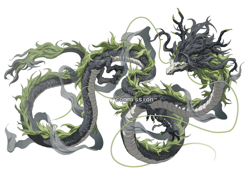 animal_focus antlers black_horns broken broken_chain chain claws commission dragon eastern_dragon from_side full_body fur-tipped_tail green_horns grey_sash highres horns mane no_humans original sash scales simple_background solo talons whiskers white_background white_eyes xiaopizi32439