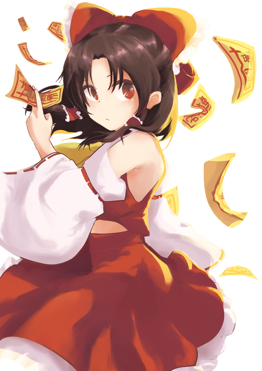 1girl absurdres bare_shoulders between_fingers blush bow brown_hair cowboy_shot detached_sleeves from_side hair_tubes hakurei_reimu highres holding holding_ofuda looking_at_viewer medium_skirt no_good_no_good nontraditional_miko ofuda ofuda_between_fingers parted_bangs red_bow red_eyes red_skirt red_vest short_hair signature simple_background skirt solo touhou vest white_background