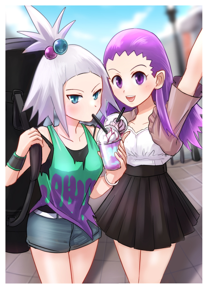 2girls alternate_costume blue_eyes blurry blurry_background collarbone commentary_request cowboy_shot cup denim denim_shorts disposable_cup frappuccino grey_hair guitar_case hair_down high-waist_skirt highres instrument_case janine_(pokemon) looking_at_viewer makita_(mugitya3776) multiple_girls pokemon pokemon_bw2 pokemon_hgss purple_hair roxie_(pokemon) shorts skirt smile topknot violet_eyes wristband