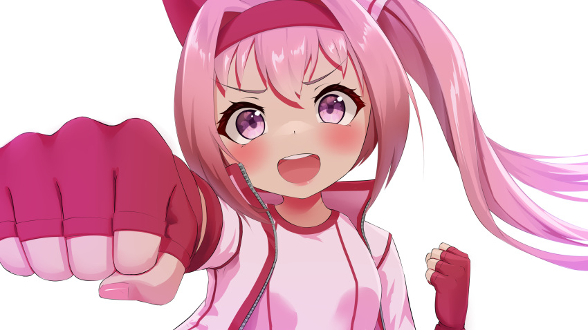 1girl animal_ears ao_komhur blush breasts clenched_hands commentary_request fingerless_gloves flower-shaped_pupils gloves hair_between_eyes hairband haru_urara_(umamusume) highres horse_ears horse_girl jacket long_hair long_sleeves looking_at_viewer open_clothes open_jacket open_mouth pink_eyes pink_gloves pink_hair pink_hairband pink_jacket pink_shirt ponytail shirt simple_background small_breasts smile solo symbol-shaped_pupils teeth umamusume upper_teeth_only v-shaped_eyebrows white_background