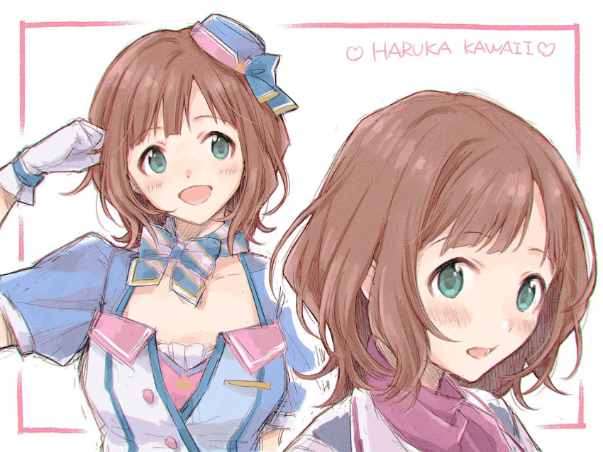 1girl amami_haruka blue_bow blue_dress blue_ribbon blush bow bow_choker breasts brown_hair character_name clenched_hand collarbone dot_nose dress gloves green_eyes hand_up hat hat_ribbon heart highres idolmaster idolmaster_(classic) idolmaster_million_live! idolmaster_million_live!_theater_days looking_at_viewer medium_breasts multiple_views nogoodlife open_mouth purple_scarf ribbon scarf short_hair short_sleeves simple_background smile striped striped_bow two-tone_headwear white_background white_gloves