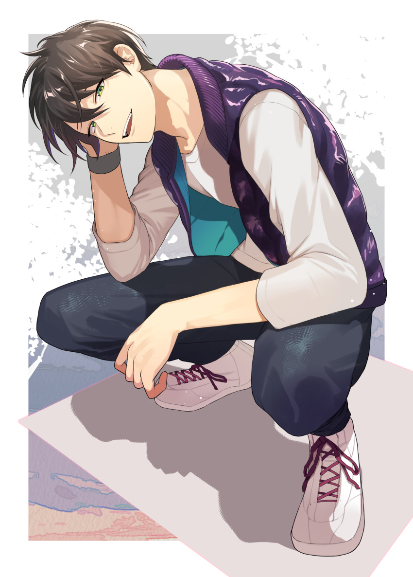 1boy absurdres brown_hair commission denim elbow_rest green_eyes head_rest head_tilt highres jeans looking_at_viewer male_focus open_mouth original ororooops pants shirt shoes short_hair skeb_commission smile sneakers solo squatting vest white_shirt wristband