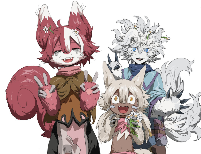 1boy 2girls :d ahoge bags_under_eyes belafu blonde_hair blue_eyes blue_scarf body_fur brown_capelet capelet chinese_commentary claws closed_eyes commentary_request cowboy_shot daisy double_v facing_viewer fangs flower furrification furry furry_female hair_flower hair_ornament hands_up highres holding holding_flower irumyuui low_twintails made_in_abyss medium_hair messy_hair multicolored_hair multiple_girls navel nervous_smile open_mouth red_fur redhead scarf sharp_teeth short_hair simple_background smile squirrel_girl squirrel_tail standing sweat tail teeth twintails two-tone_hair v vueko whiskers white_background white_fur white_hair wide-eyed xiaopizi32439 yellow_eyes