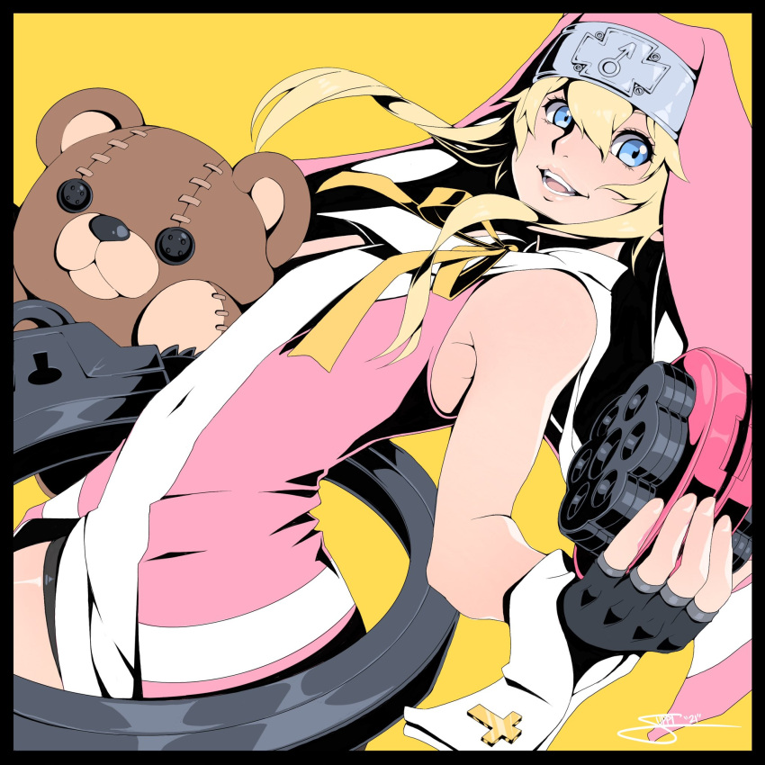 1boy alternate_color bare_shoulders black_gloves blonde_hair blue_eyes blush bridget_(guilty_gear) covered_navel cuffs fingerless_gloves gloves guilty_gear guilty_gear_xx habit handcuffs highres its_just_suppi looking_at_viewer male_focus mars_symbol nun open_mouth otoko_no_ko pink_lips ribbon roger_(guilty_gear) short_hair_with_long_locks smile stuffed_animal stuffed_toy teddy_bear yellow_background yellow_ribbon yo-yo