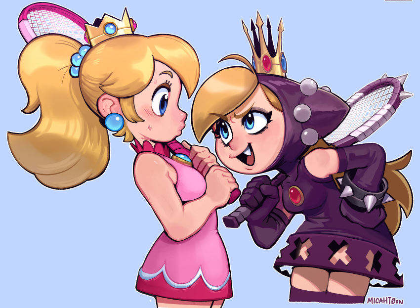 2girls absurdres angry artist_name bare_shoulders black_dress black_gloves blonde_hair blue_background blue_eyes bracelet breasts brooch crown dress earrings elbow_gloves fang gloves hand_on_own_hip highres holding_tennis_racket hooded_dress jewelry latex looking_at_another mario_power_tennis mario_tennis medium_breasts micahtoons multiple_girls nervous official_alternate_costume official_alternate_hairstyle open_mouth pink_dress ponytail princess_peach racket short_dress simple_background sleeveless sleeveless_dress smile sphere_earrings spiked_bracelet spikes sportswear super_mario_bros. sweatdrop tennis_dress tennis_racket tennis_uniform warupeach
