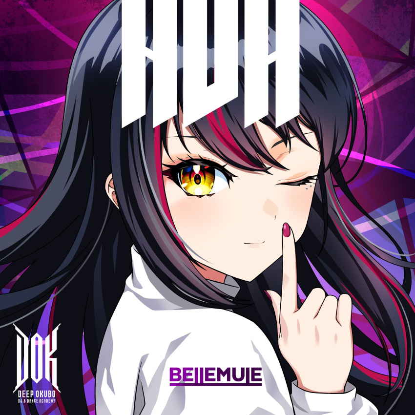 1girl absurdres album_cover berryverrine black_hair closed_mouth cover denonbu finger_to_mouth hand_up highres index_finger_raised lico_(denonbu) long_hair long_sleeves looking_at_viewer multicolored_hair nail_polish one_eye_closed pink_hair second-party_source shushing smile solo song_name streaked_hair sweater upper_body white_sweater yellow_eyes