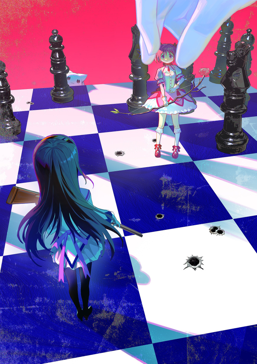 2girls absurdres akemi_homura black_footwear black_hair black_hairband board_game boots bow_(weapon) bullet_hole chess chess_piece chessboard chinese_commentary commentary_request dress foreshortening frilled_dress frilled_sleeves frilled_socks frills from_above gloves gun hairband hand_on_another's_head highres holding holding_bow_(weapon) holding_gun holding_weapon kaname_madoka kneehighs kyubey long_hair magical_girl mahou_shoujo_madoka_magica mahou_shoujo_madoka_magica_(anime) multiple_girls out_of_frame picking_up pink_background pink_dress pink_eyes pink_hair puffy_short_sleeves puffy_sleeves red_footwear rifle san_wu_mao_liang shoes short_hair short_sleeves size_difference skirt socks standing thigh_boots weapon white_gloves white_skirt white_socks