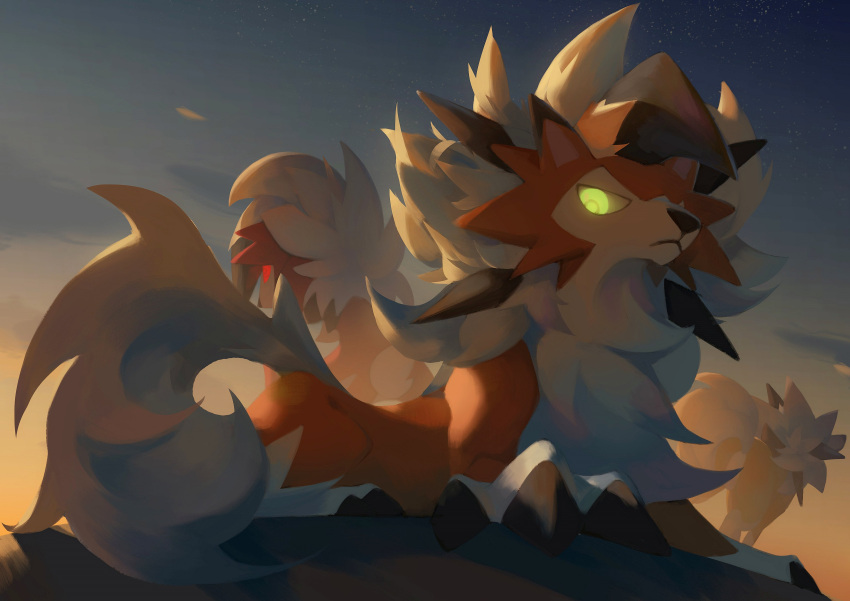 absurdres animal_focus body_fur from_below full_body glowing glowing_eyes gradient_sky highres jitome looking_down lycanroc lycanroc_(dusk) lycanroc_(midday) lycanroc_(midnight) lying no_humans on_stomach orange_sky outdoors pokemon pokemon_(creature) sky solo_focus star_(sky) starry_sky sunset tail white_fur xilan_tea yellow_eyes