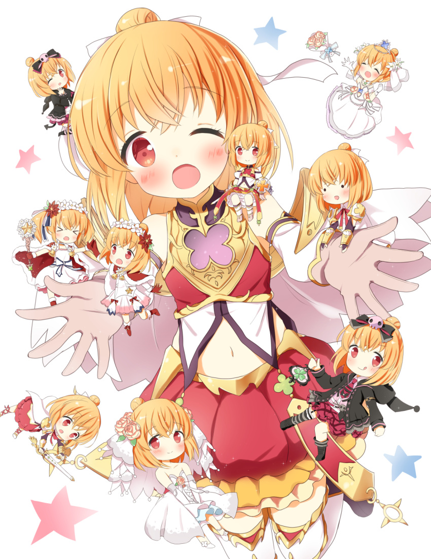 &gt;_&lt; ._. anne_happy bare_shoulders black_footwear blush bridal_veil chibi closed_eyes clover dress flower four-leaf_clover frilled_skirt frills hair_flower hair_ornament hanakoizumi_an happy highres ichiyo12 kirara_fantasia long_sleeves navel necktie one_eye_closed open_mouth orange_hair outstretched_arms red_eyes short_hair skirt smile star_(symbol) striped_necktie tongue tongue_out veil wedding_dress