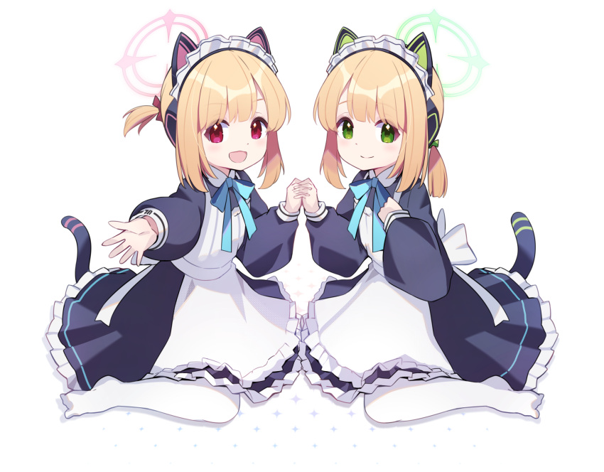 2girls blonde_hair blue_archive cawang highres maid midori_(blue_archive) midori_(maid)_(blue_archive) momoi_(blue_archive) momoi_(maid)_(blue_archive) multiple_girls official_alternate_costume siblings simple_background sisters twins white_background